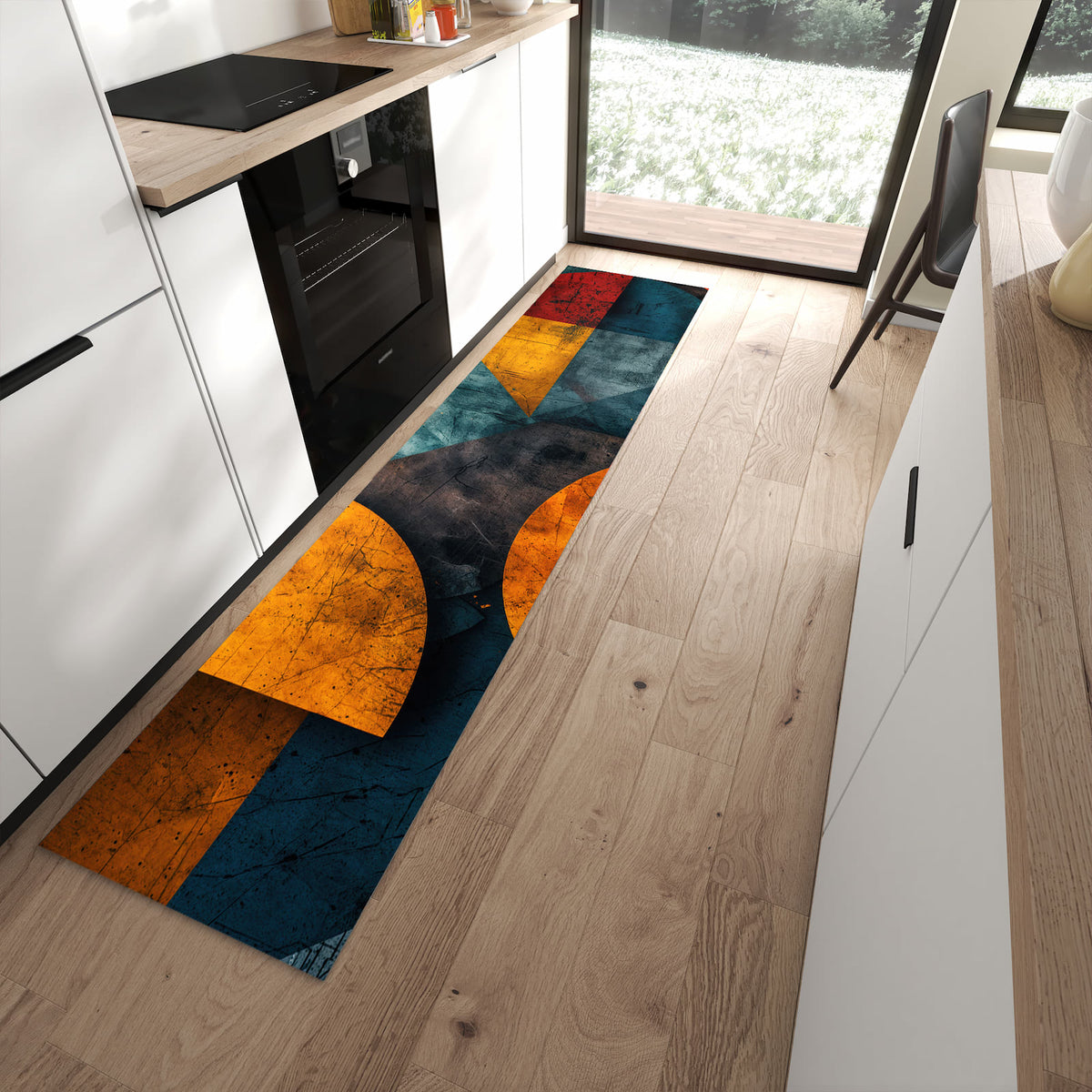 Küchenteppich mit Motiv Geometrische Kunst für angenehme Haptik in moderner Küche