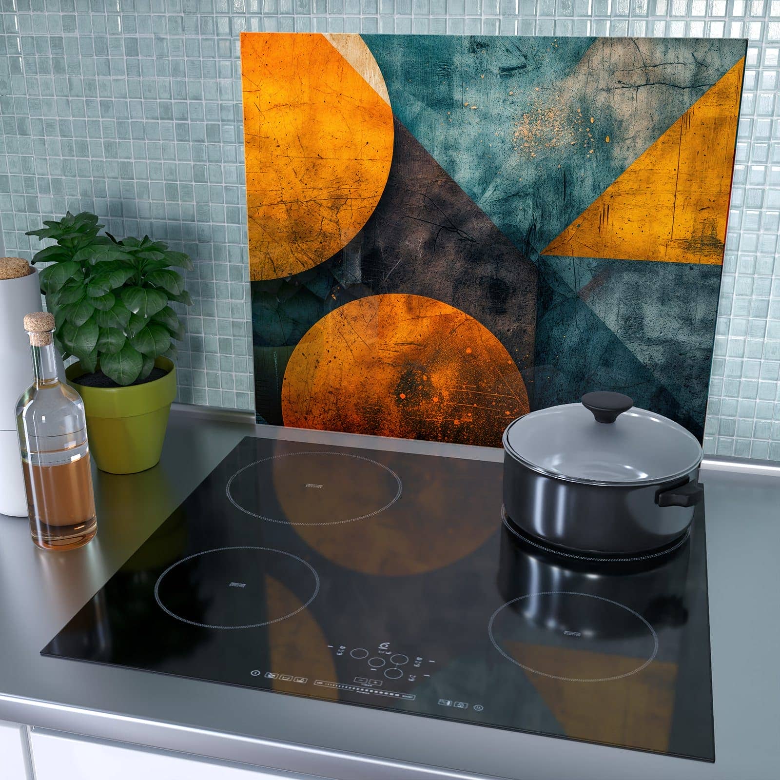 1-teilige Herdabdeckung aus Glas mit Geometrische Kunst-Motiv als Spritzschutz hinter dem Kochfeld