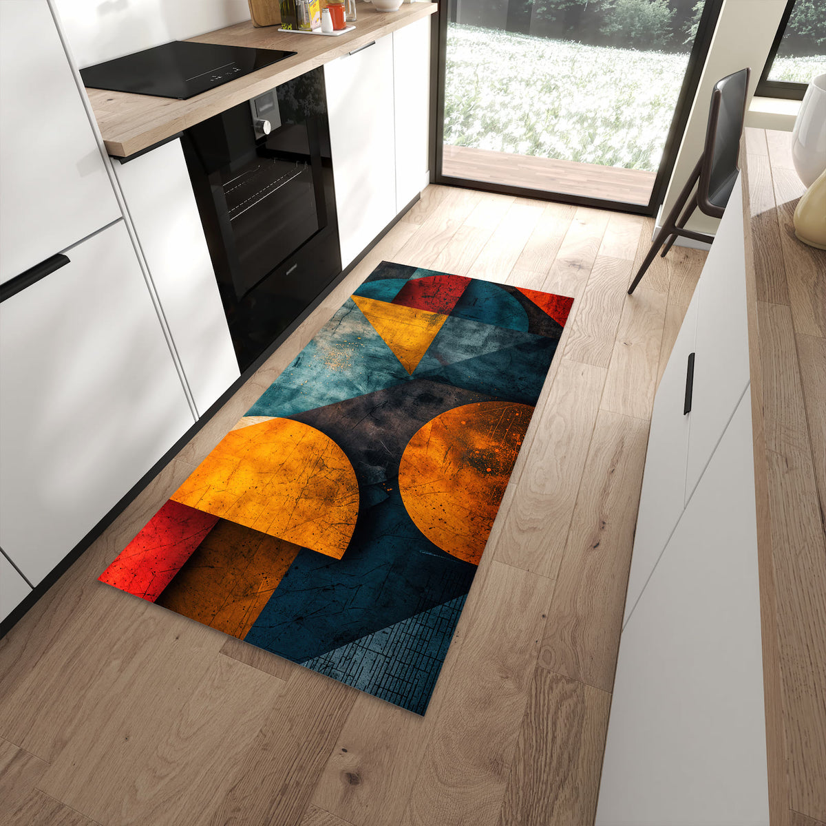 Bodenschonender Küchenteppich mit Motiv Geometrische Kunst in moderner Küche