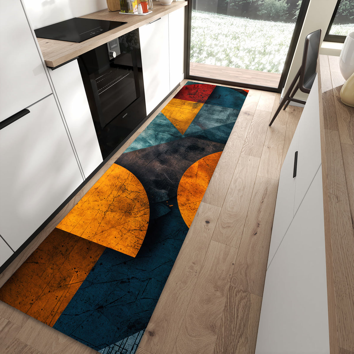 Feuchtigkeitsresistenter Küchenvorleger mit Motiv Geometrische Kunst in moderner Küche