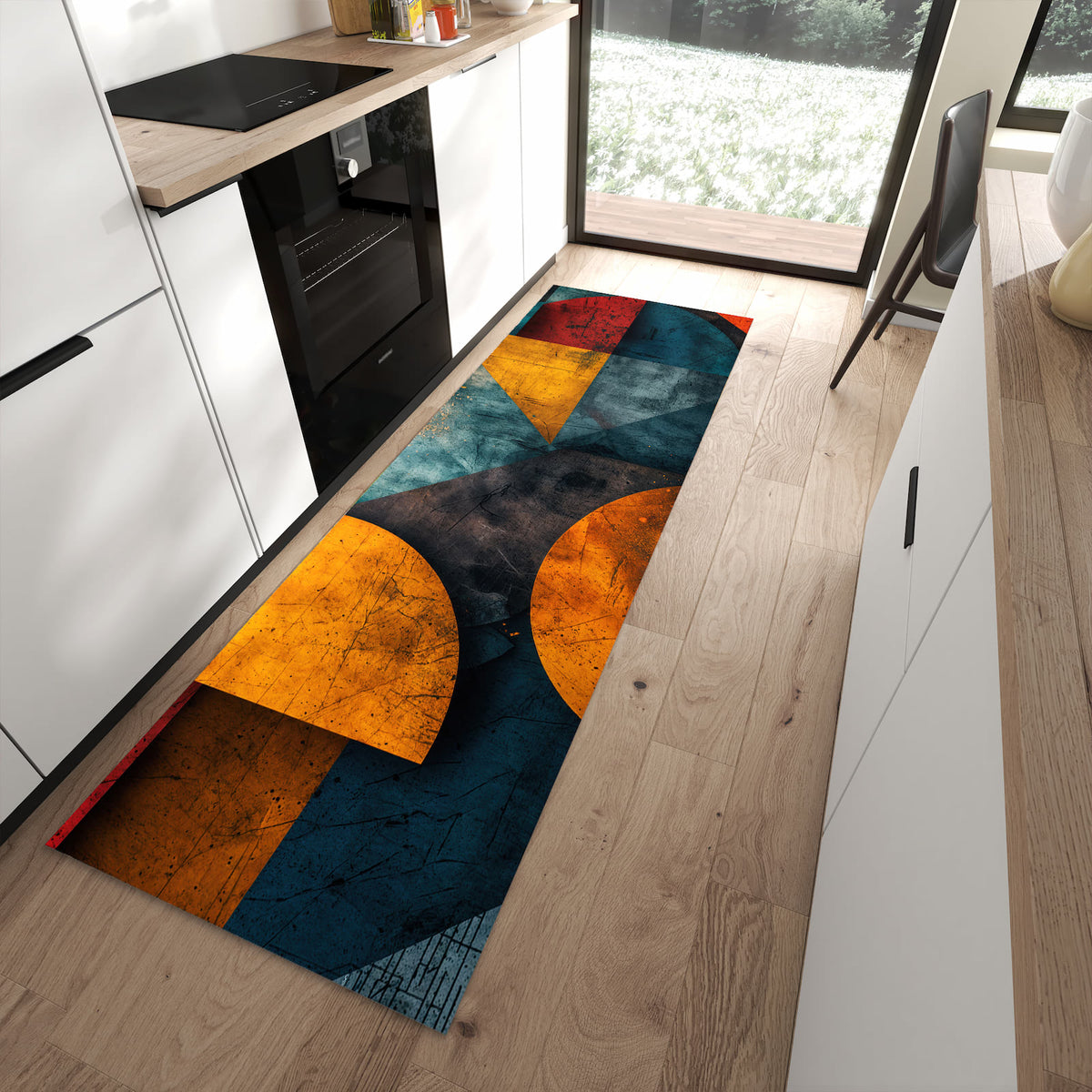 Langlebiger Küchenläufer mit Motiv Geometrische Kunst in moderner Küche