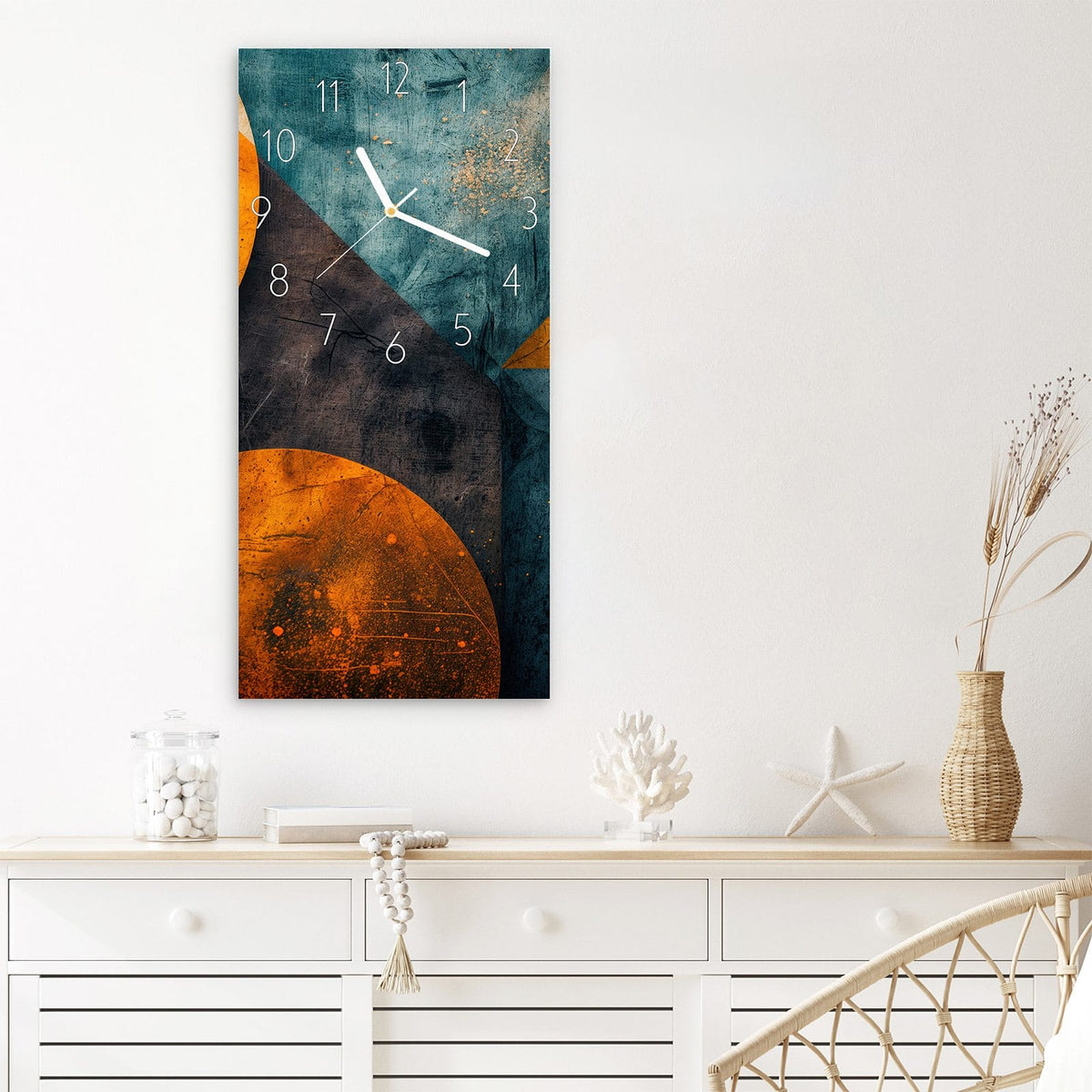Wanduhr Geometrische Kunst aus Glas – Kreise und Dreiecke in Primärfarben