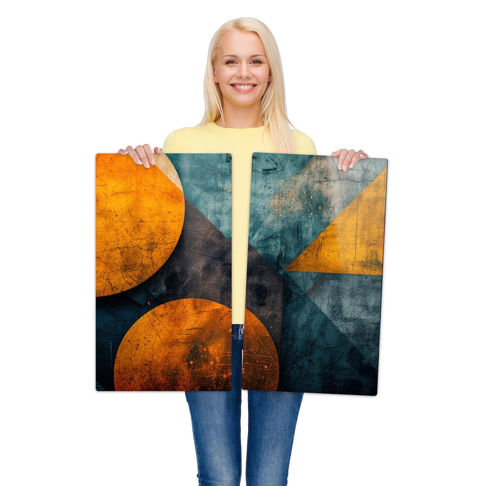 2-teilige Herdabdeckung mit Geometrische Kunst-Motiv wird zur Größendarstellung gehalten