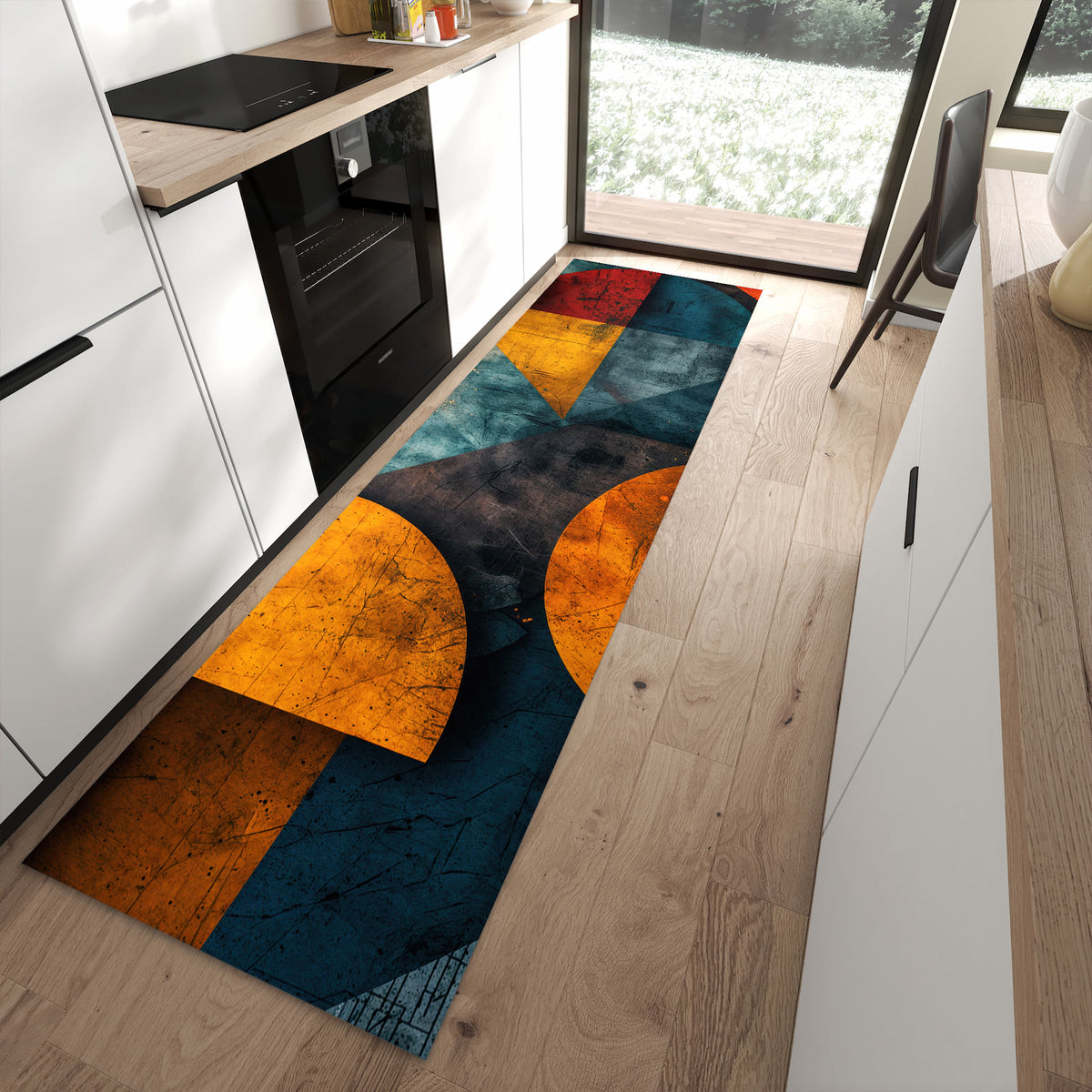Rutschfester Küchenläufer mit Motiv Geometrische Kunst in moderner Küche