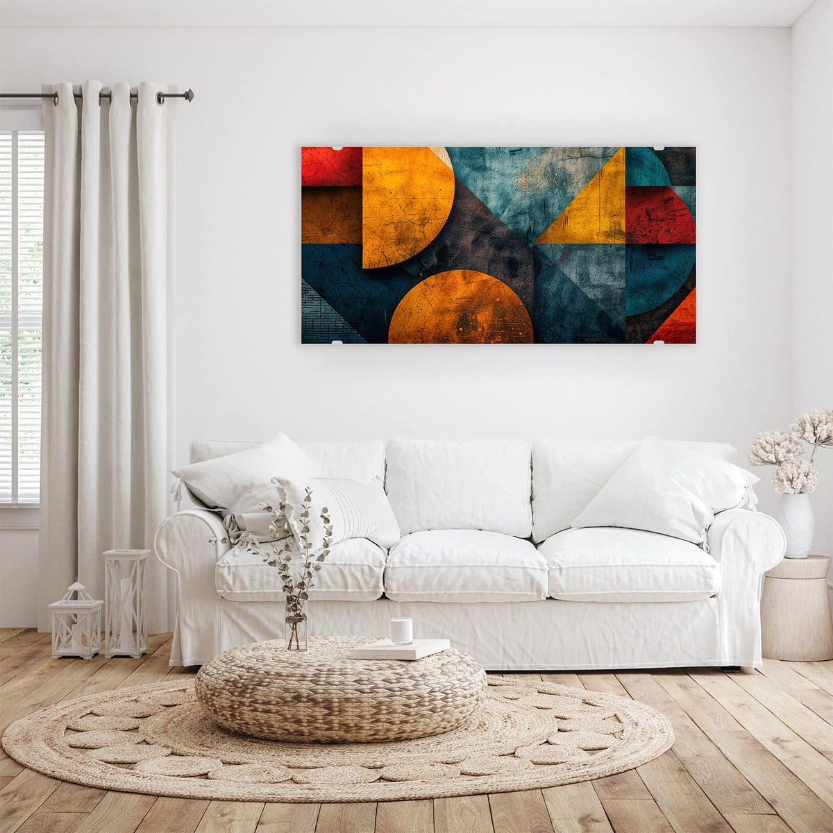 Wandbild - Kreise und Dreiecke - Querformat – Ockerkreise und blaugraue Dreiecke
