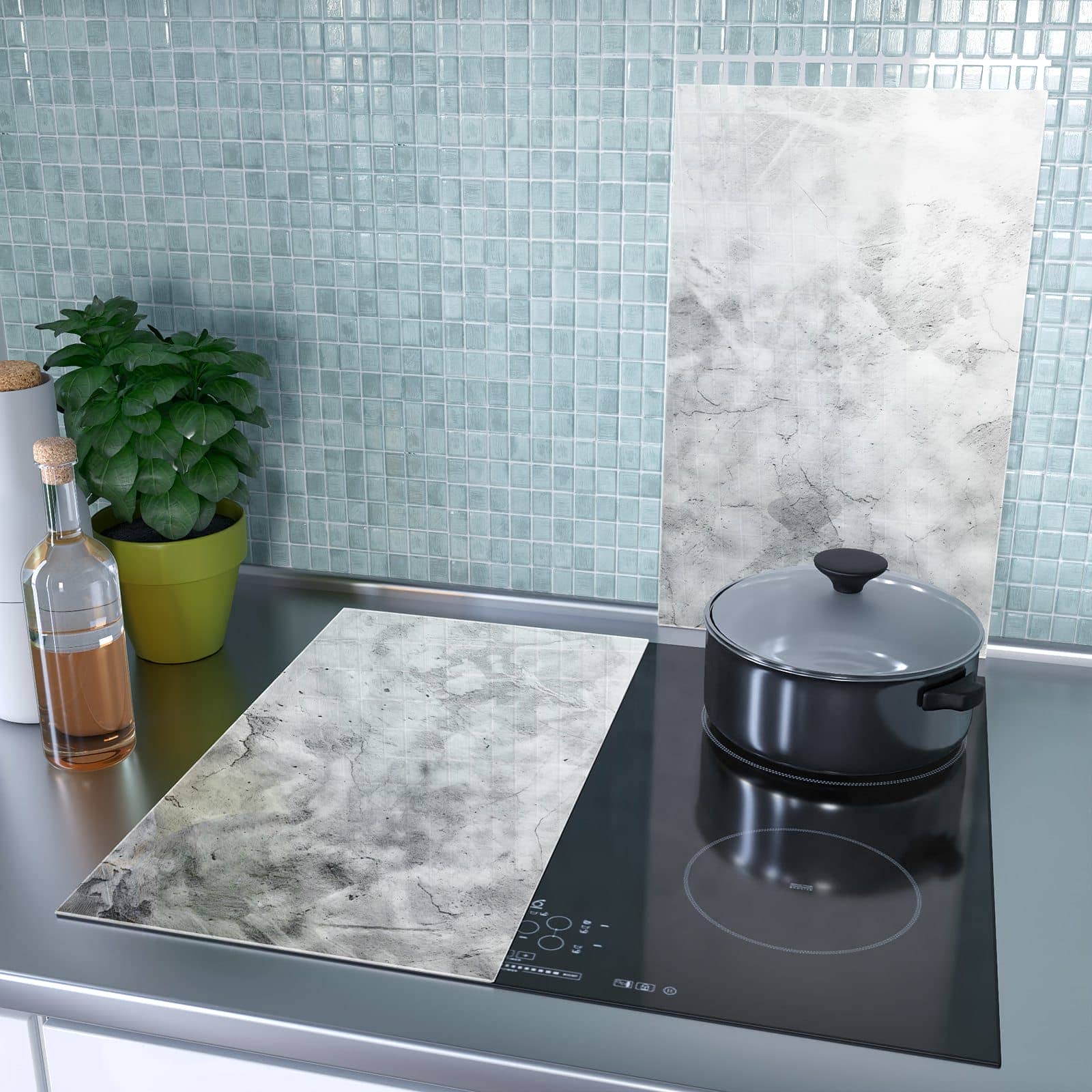 2-teilige Abdeckplatten Ceranfeld mit Marmor Struktur-Motiv als Spritzschutz hinter dem Kochfeld