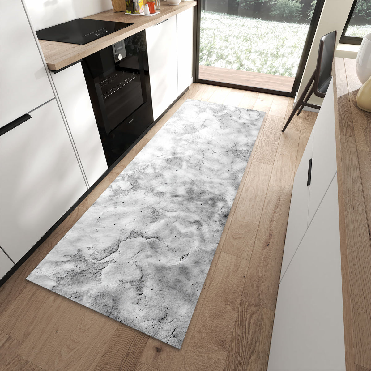 Flacher Küchenteppich mit Motiv Marmor Struktur in moderner Küche