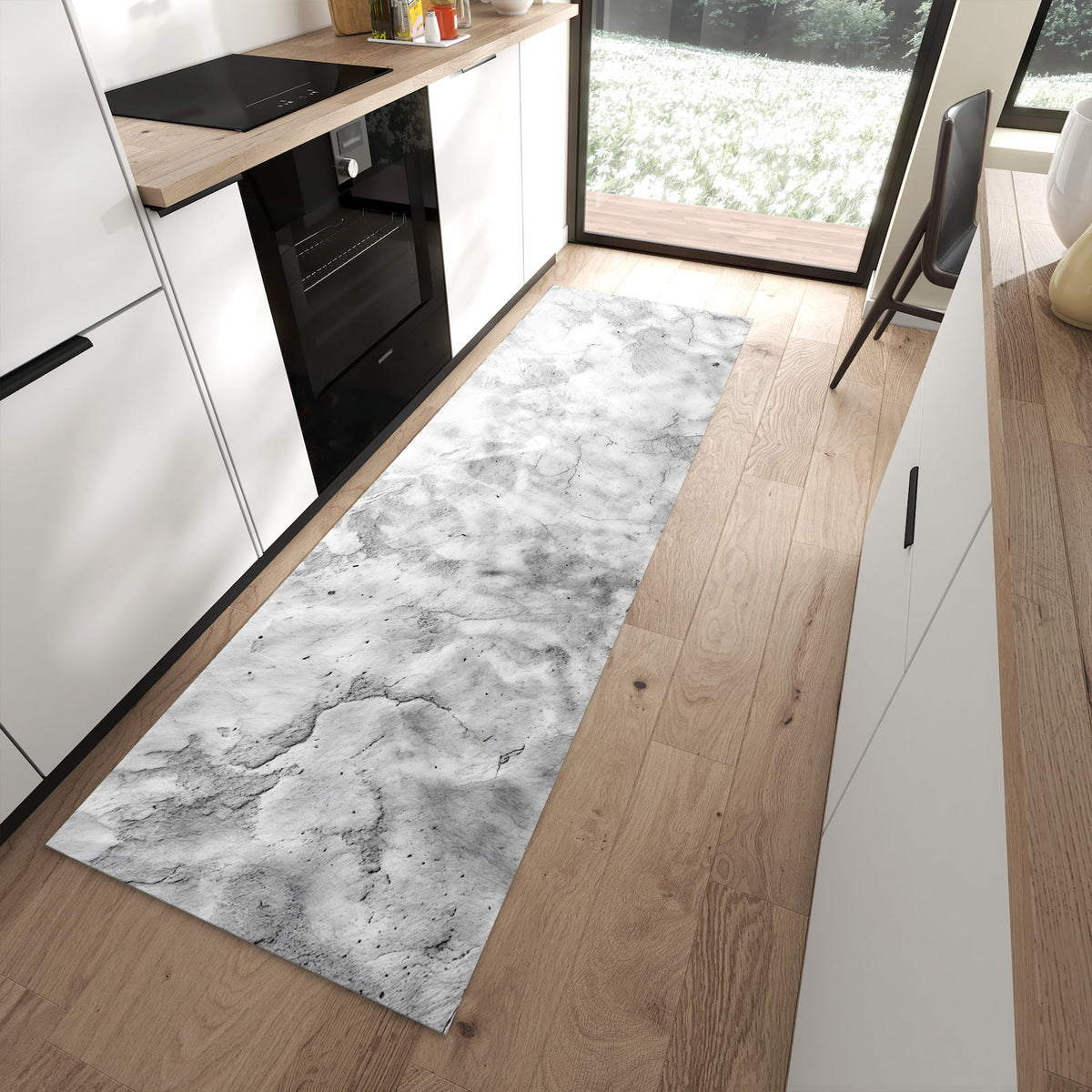 Fleckenresistenter moderner Küchenläufer mit Motiv Marmor Struktur in moderner Küche