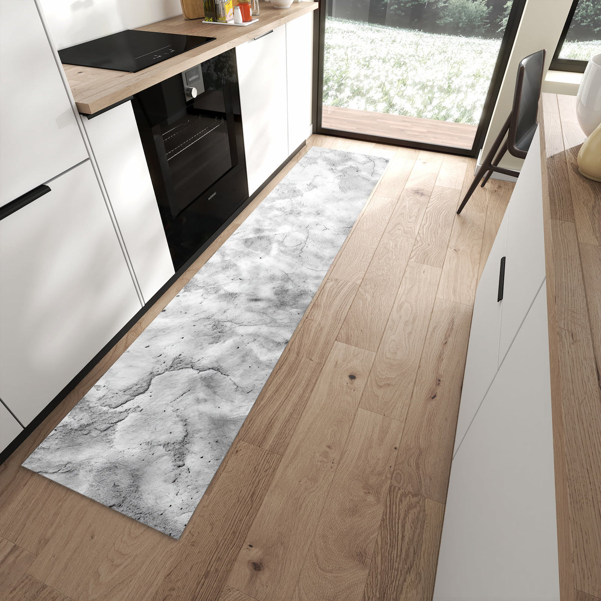 Abriebfester rutschfester Küchenläufer mit Motiv Marmor Struktur in moderner Küche