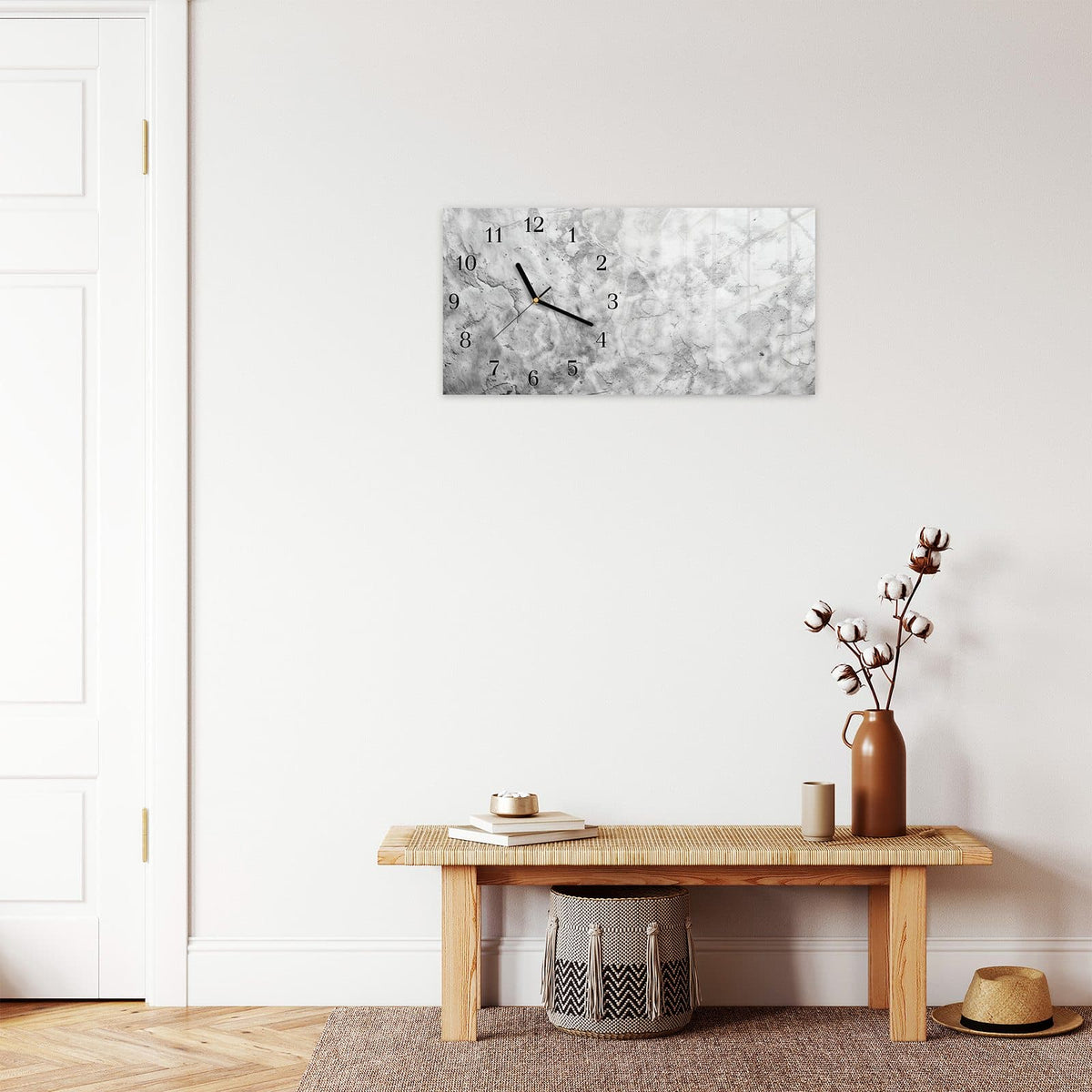 Moderne Wanduhr aus Glas mit Farbtiefe – Wanduhr Marmor Struktur aus Glas – Querformat 60 × 30 cm