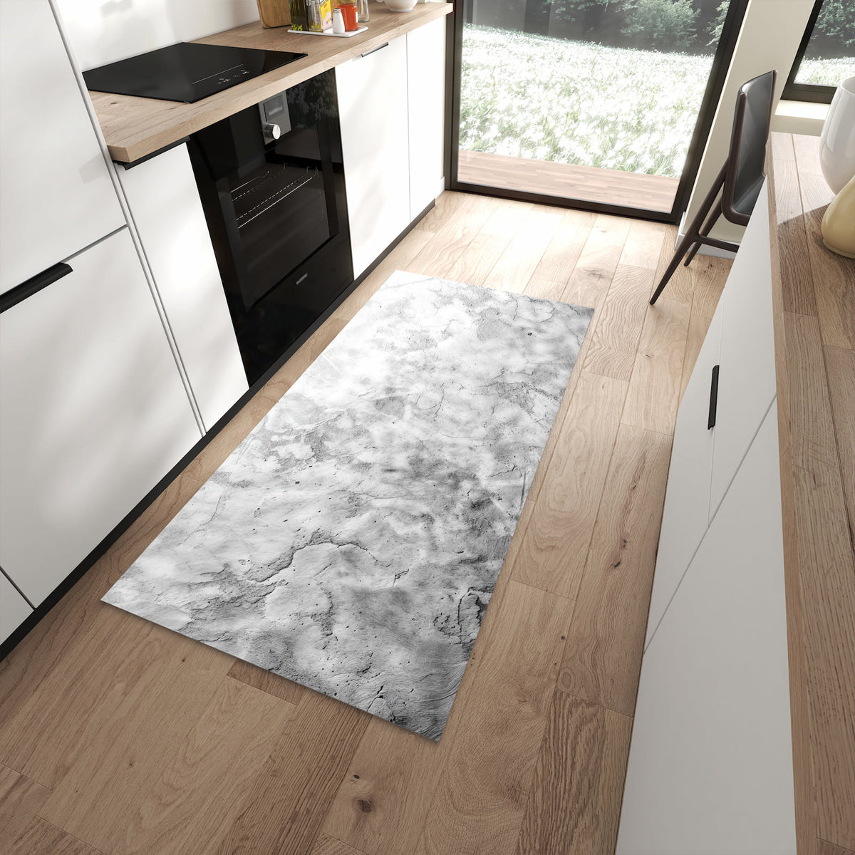 Langlebiger Küchenläufer mit Motiv Marmor Struktur in moderner Küche