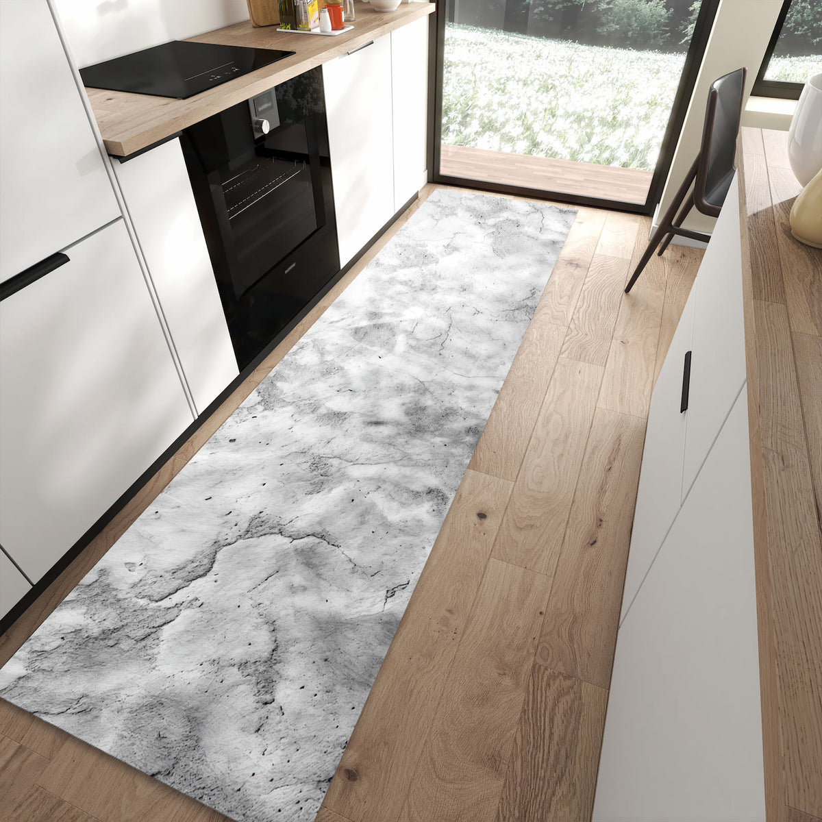 Geruchsneutraler abwaschbarer Küchenteppich mit Motiv Marmor Struktur in moderner Küche