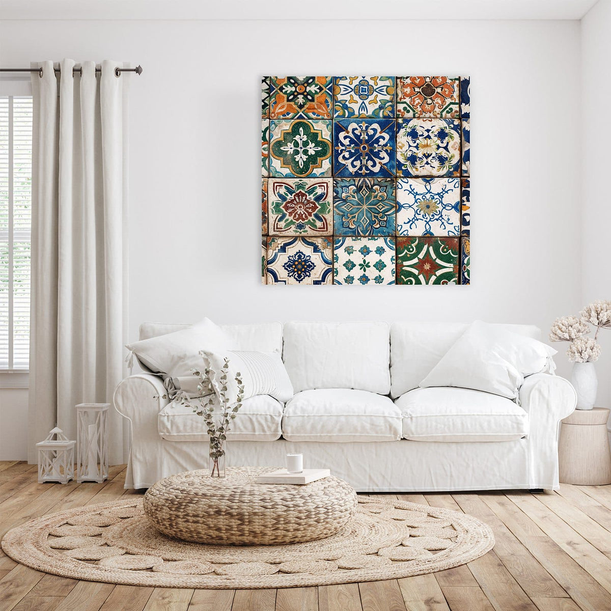 Patchwork aus 16 bunten Ornamentfliesen in Blau, Grün, Orange und Weinrot, portugiesisch-maurisch