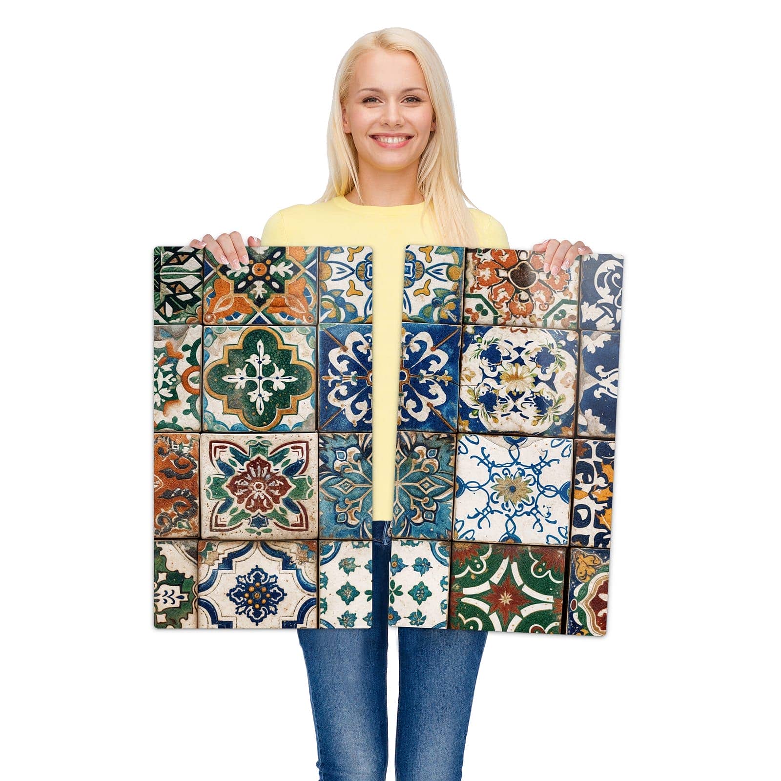 2-teilige Deckplatte aus Glas mit Bunte Fliesenkacheln-Motiv wird zur Größendarstellung gehalten