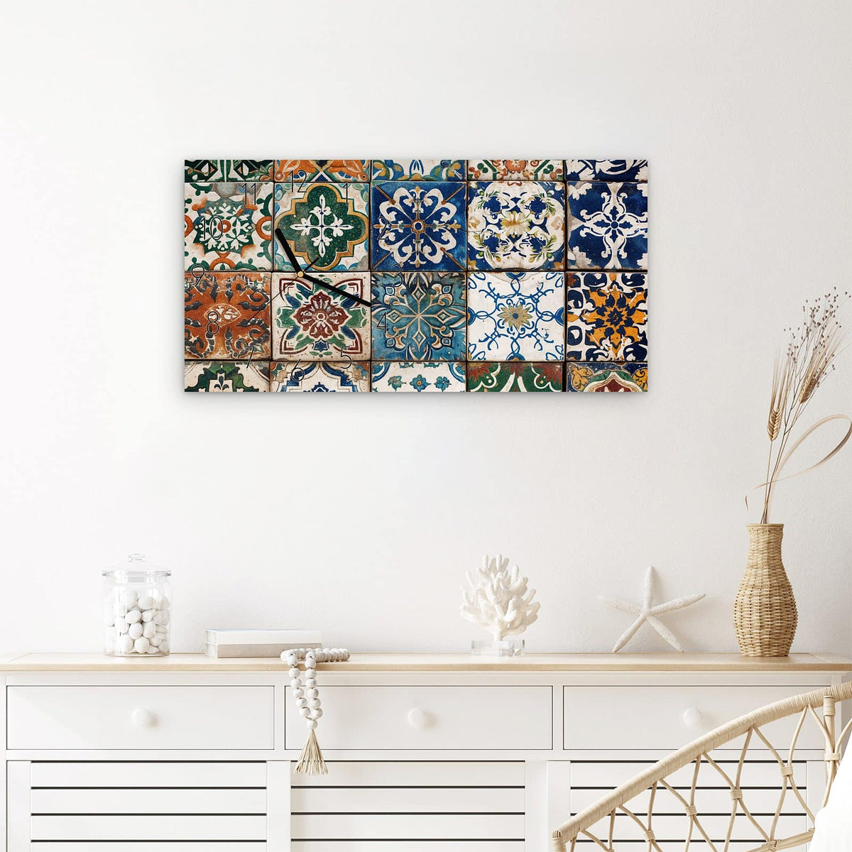 Wanduhr Bunte Fliesenkacheln aus Glas – Querformat 60 × 30 cm – Dekorfliesen im bunten Mosaik