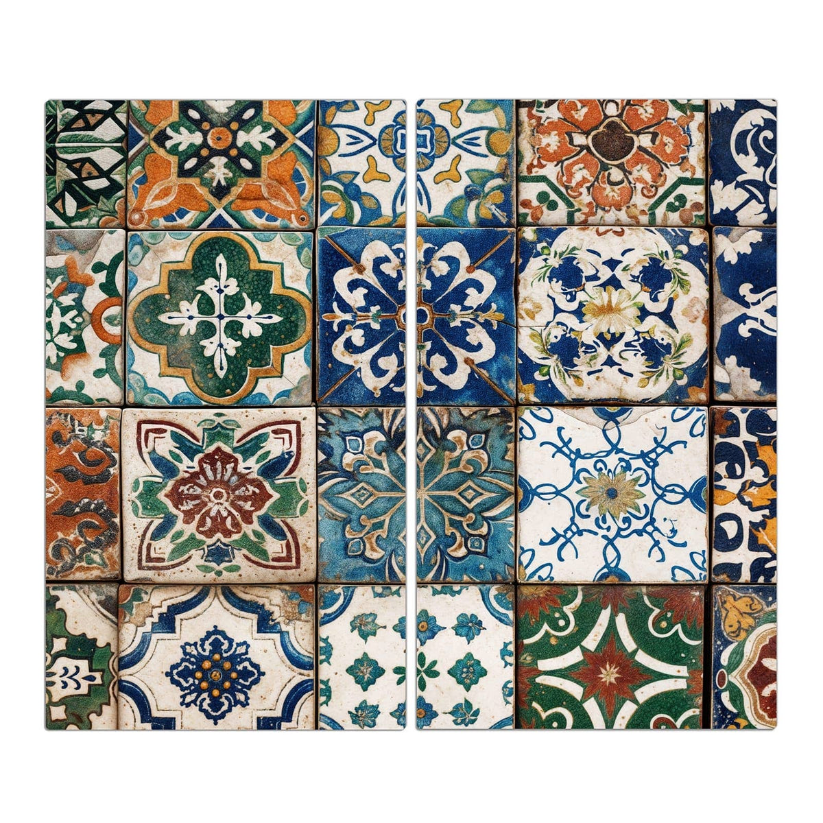 Patchwork aus 16 bunten Ornamentfliesen in Blau, Grün, Orange und Weinrot, portugiesisch-maurisch