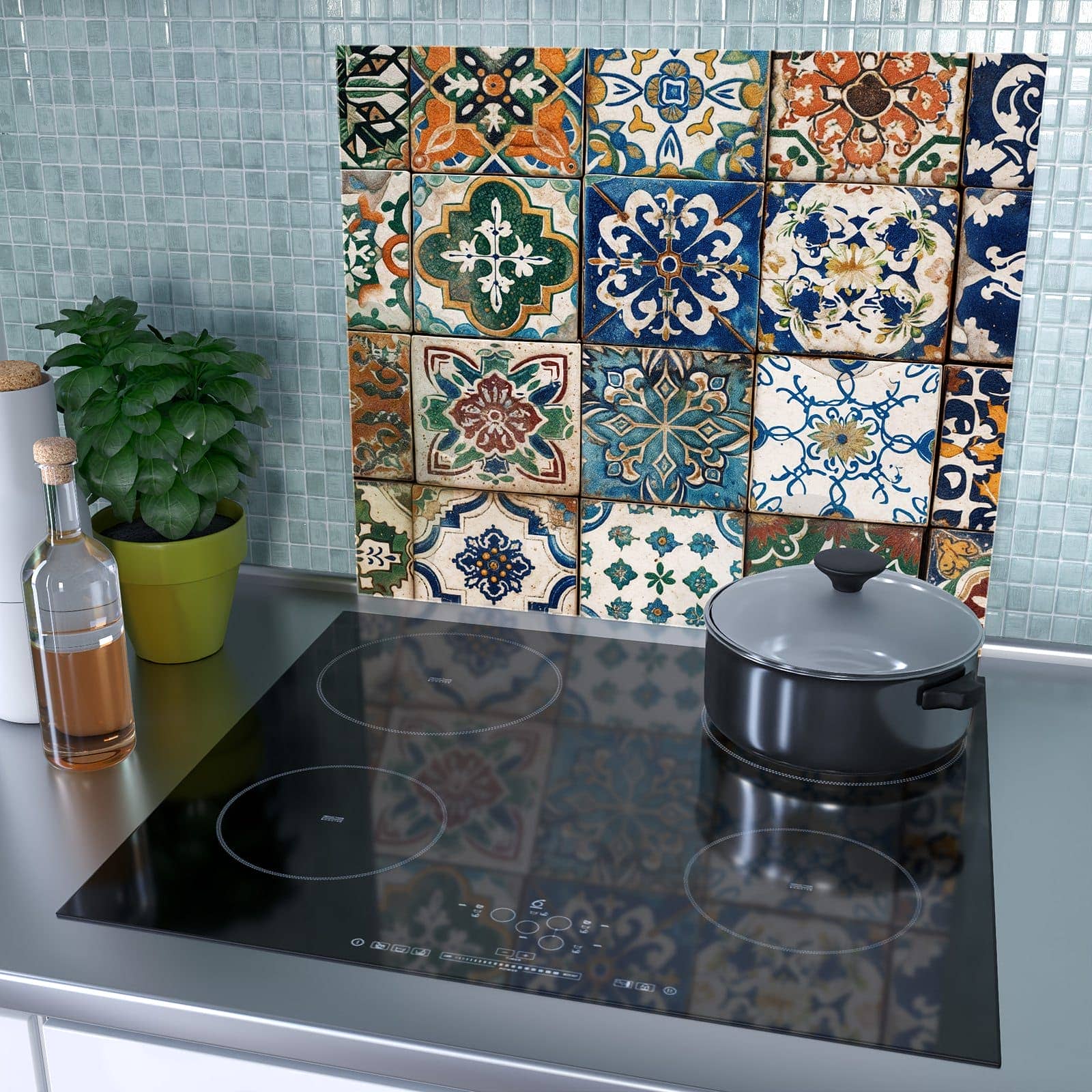 1-teilige Glasplatte für Herd mit Bunte Fliesenkacheln-Motiv als Spritzschutz hinter dem Kochfeld