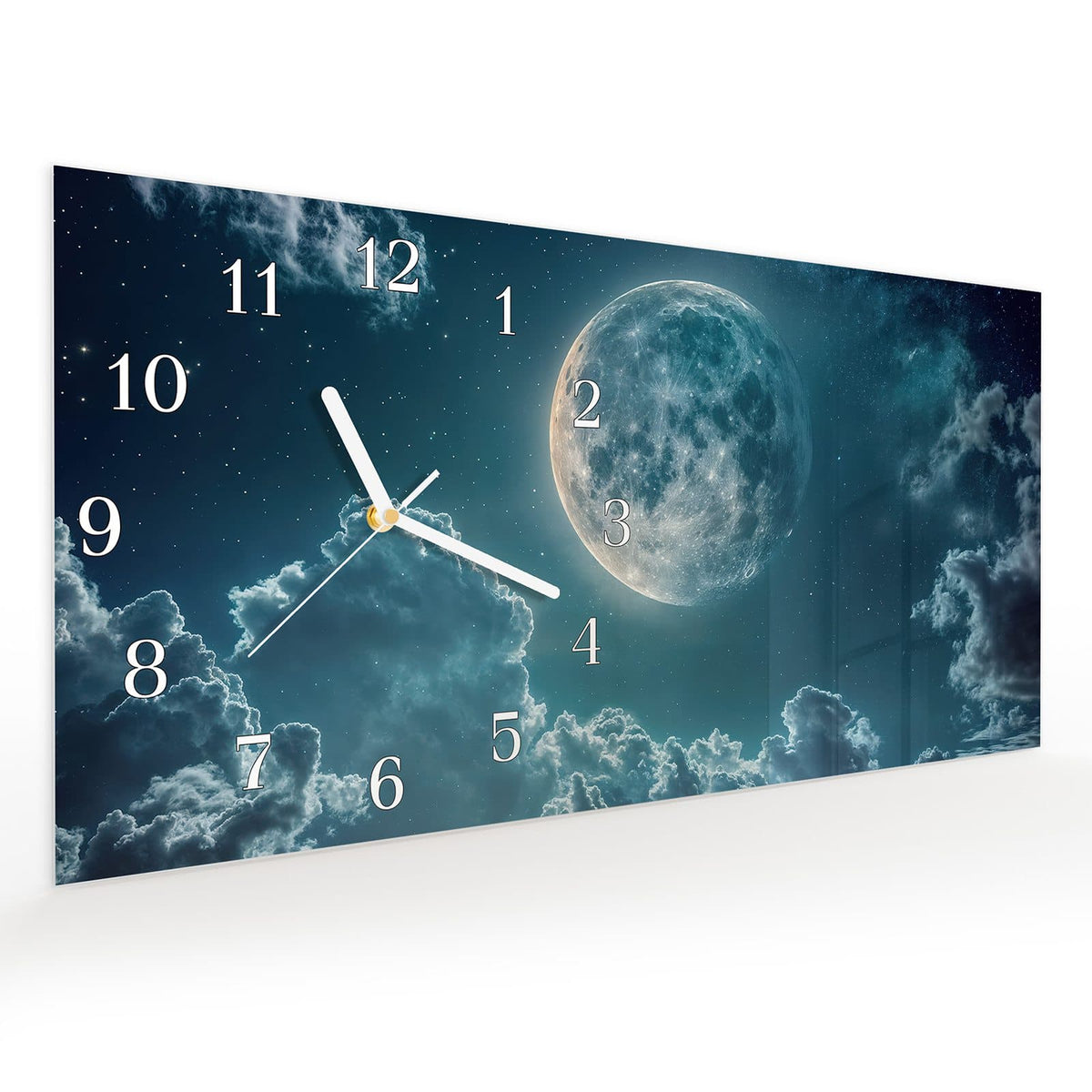 Vormontiert – mit Schwebeeffekt – Wanduhr Mond über Wolken aus Glas – Querformat 60 × 30 cm