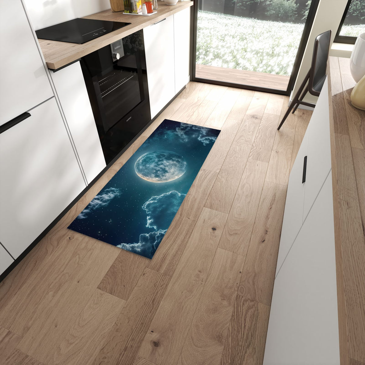 Waschbarer Küchenteppich mit Motiv Mond über Wolken in moderner Küche #grösse_60 x 150 cm