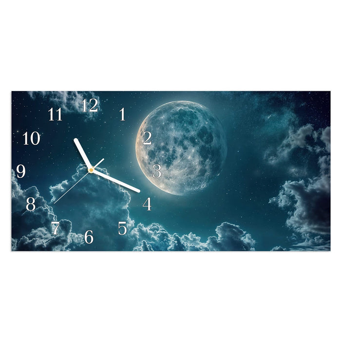 Wanduhr Mond über Wolken aus Glas – Querformat 60 × 30 cm mit Ziffernblatt Klassisch