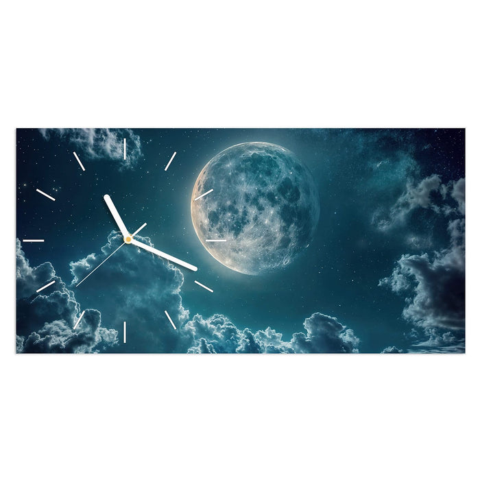 Wanduhr Mond über Wolken aus Glas – Querformat 60 × 30 cm mit Ziffernblatt Linie