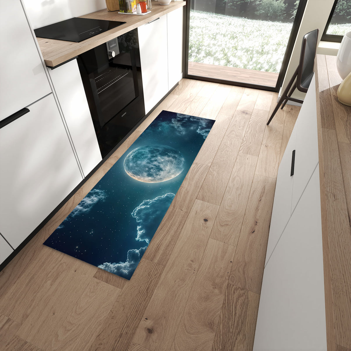 Komfortabler Küchenteppich mit Motiv Mond über Wolken in moderner Küche