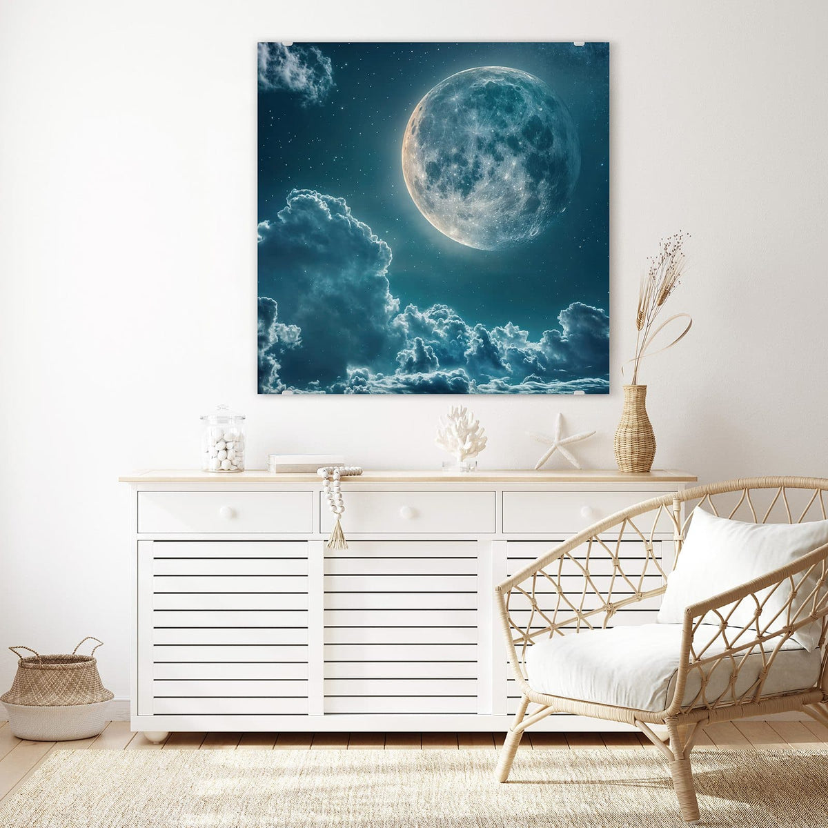 Echtglas, 4 mm – kein Acryl, keine Folie – Wandbild - Mond über Wolken - Quadratisch