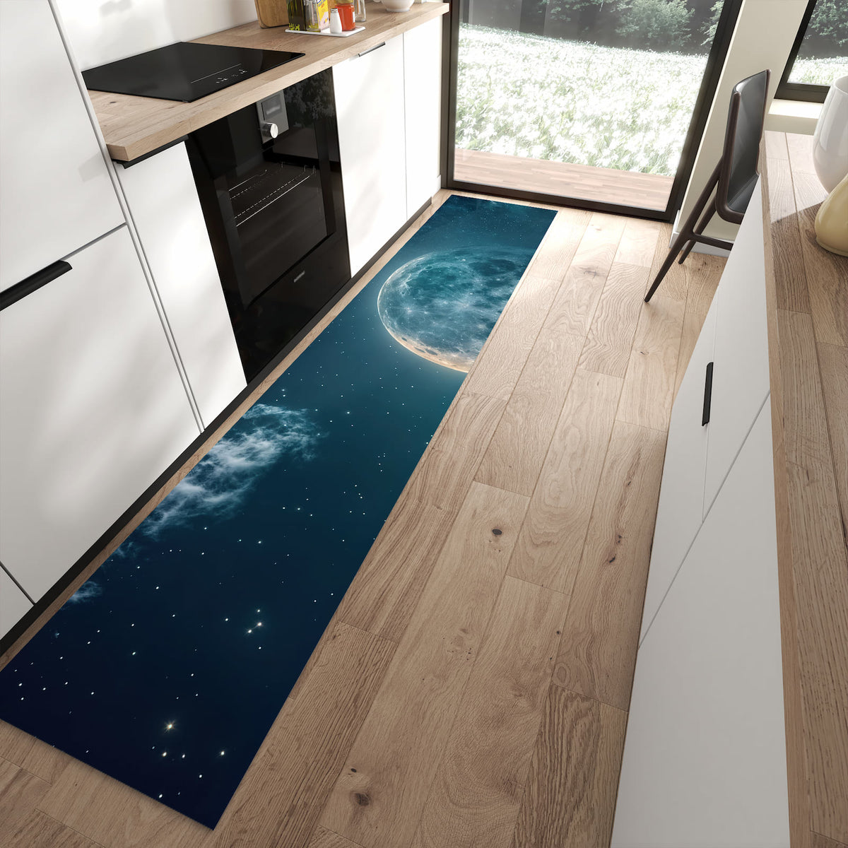 Waschbarer Küchenteppich mit Motiv Mond über Wolken in moderner Küche