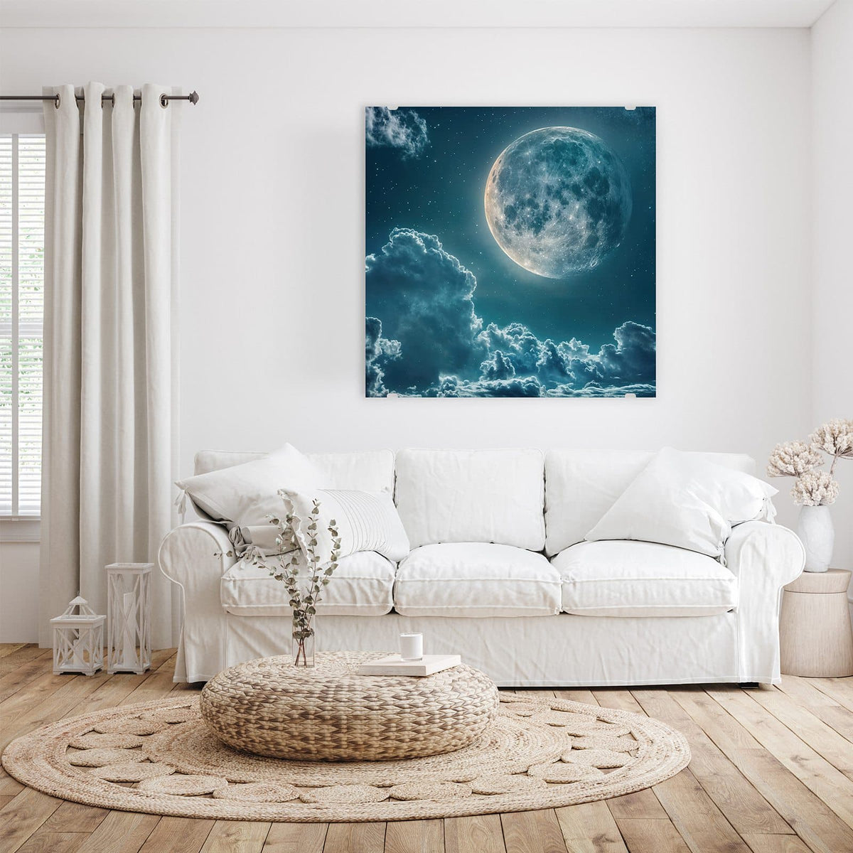 Glasbild Mond über Wolken an der Wand – Großer Vollmond am türkisblauen Nachthimmel über hellen Wolkenbänken