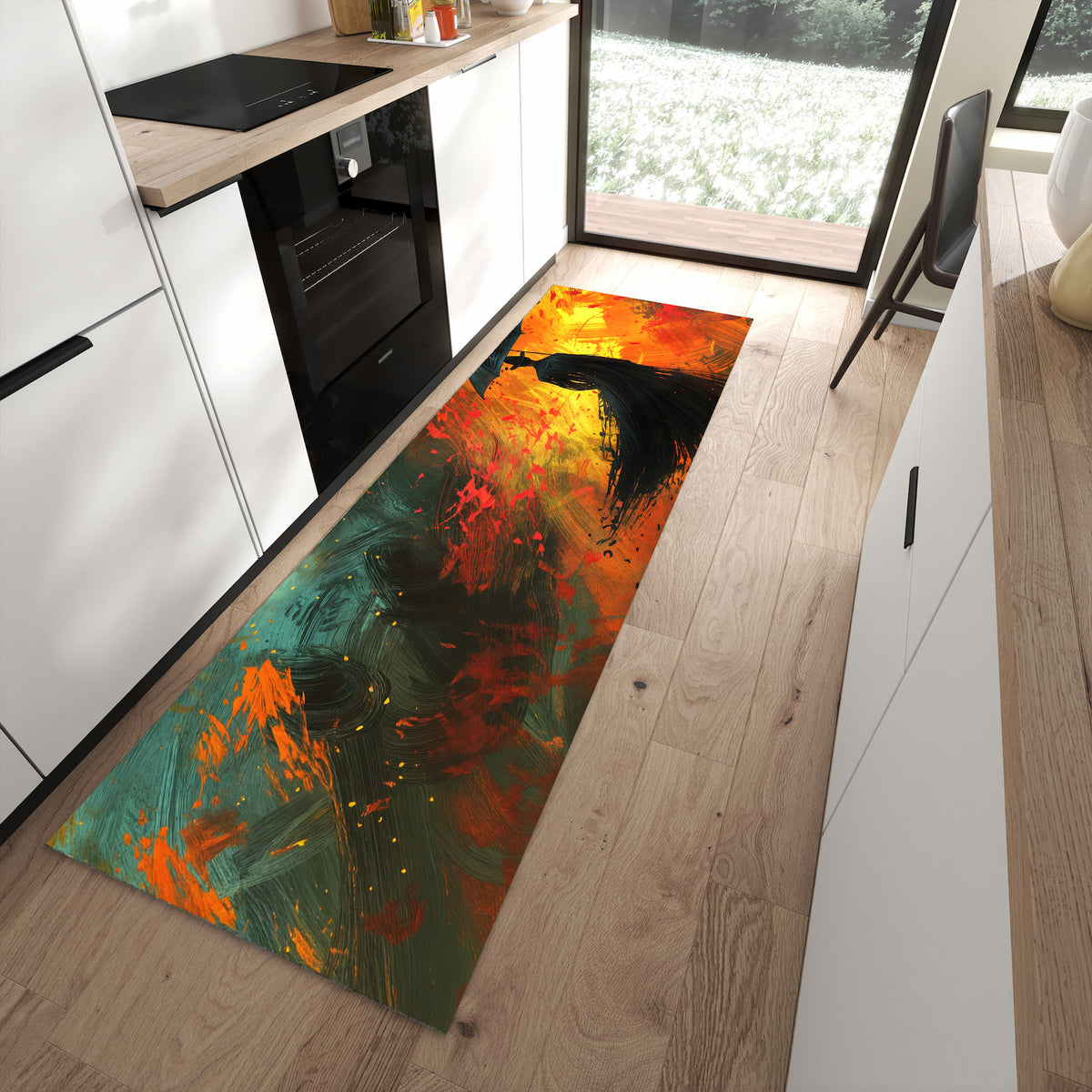 Fleckenresistenter Küchenteppich mit Motiv Mann Mit Regenschirm in moderner Küche