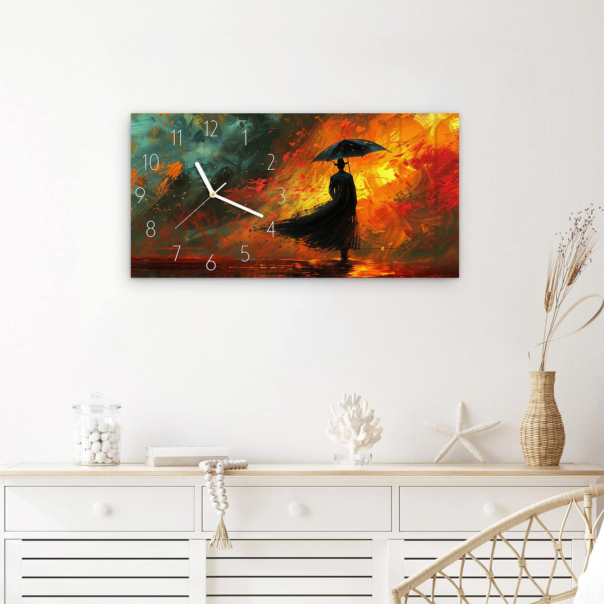 Wanduhr Mann Mit Regenschirm aus Glas – Querformat 60 × 30 cm – Schwarze Silhouette mit Schirm in Farbe