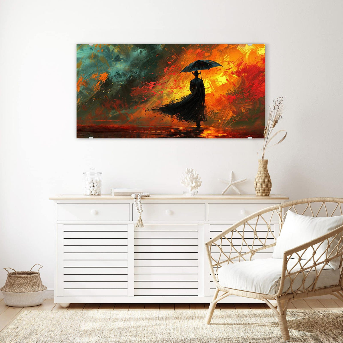 Echtglas, 4 mm – kein Acryl, keine Folie – Wandbild - Silhouette mit Schirm - Querformat