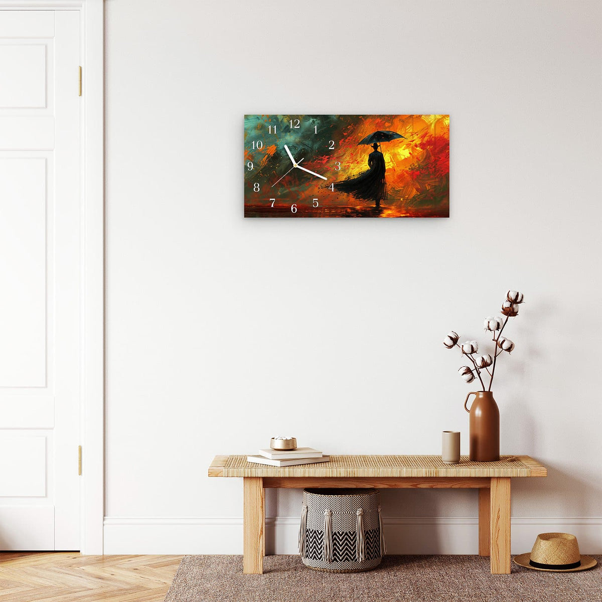 Moderne Wanduhr aus Glas mit Farbtiefe – Wanduhr Mann Mit Regenschirm aus Glas – Querformat 60 × 30 cm
