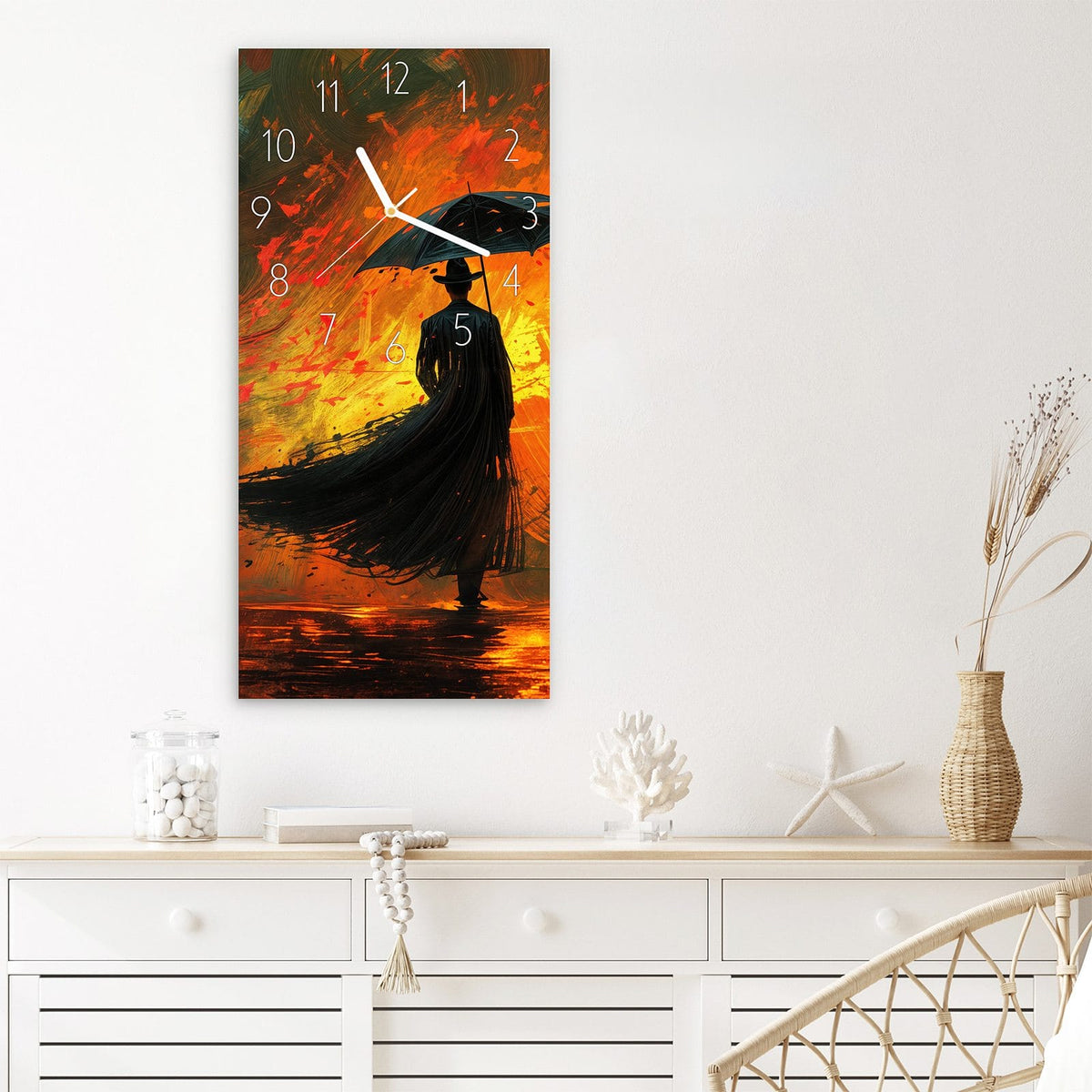 Wanduhr Mann Mit Regenschirm aus Glas – Schwarze Silhouette mit Schirm in Farbe