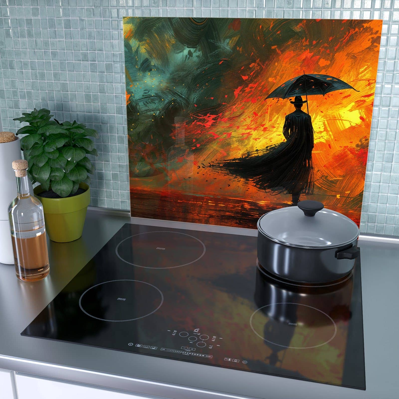1-teilige Herdabdeckplatte mit Mann Mit Regenschirm-Motiv als Spritzschutz hinter dem Kochfeld