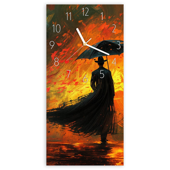 Wanduhr Mann Mit Regenschirm aus Glas – Hochformat 30 × 60 cm mit Ziffernblatt Elegant