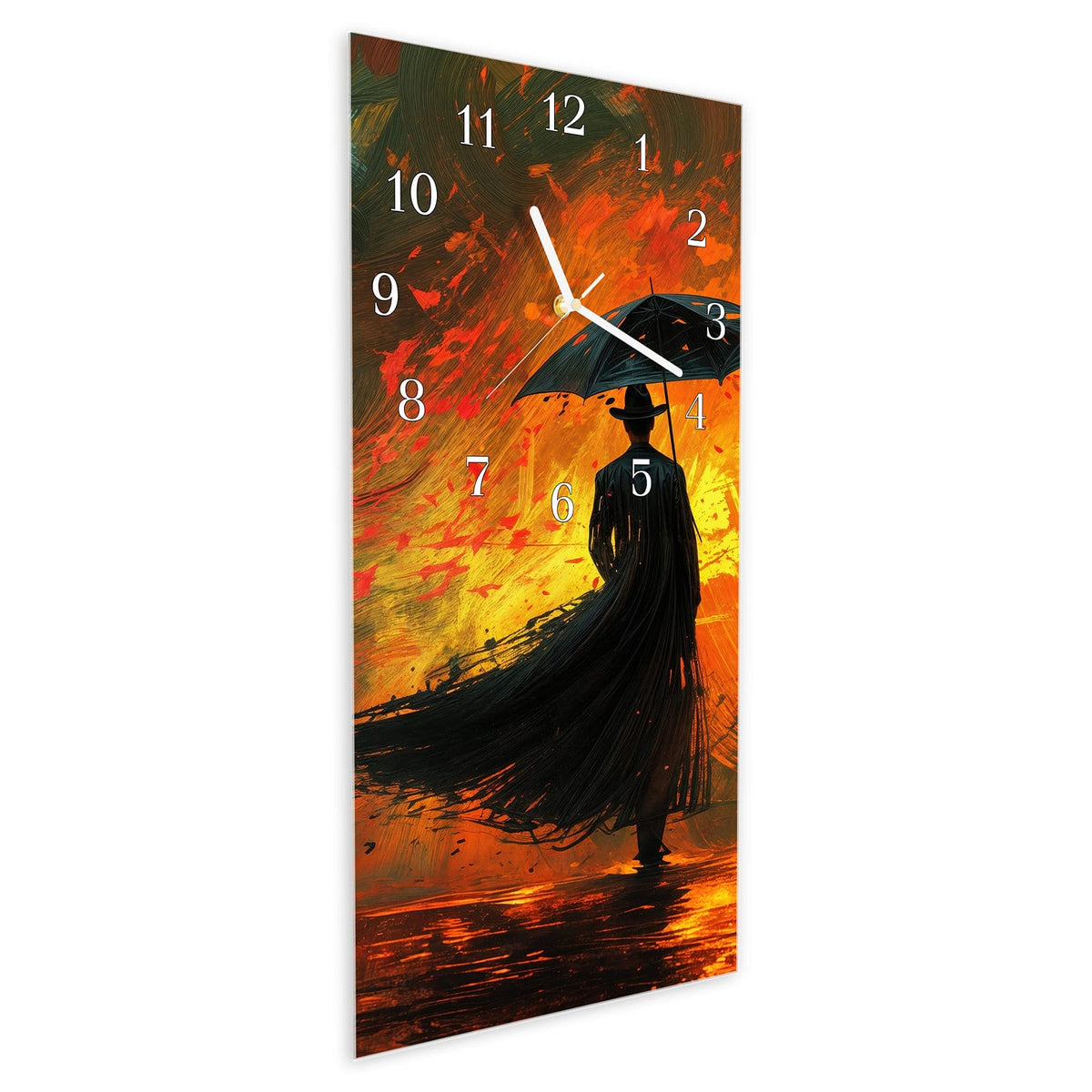 Vormontiert – mit Schwebeeffekt – Wanduhr Mann Mit Regenschirm aus Glas – Hochformat 30 × 60 cm