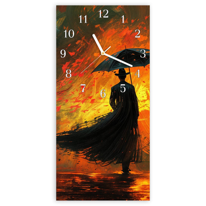 Wanduhr Mann Mit Regenschirm aus Glas – Hochformat 30 × 60 cm mit Ziffernblatt Klassisch