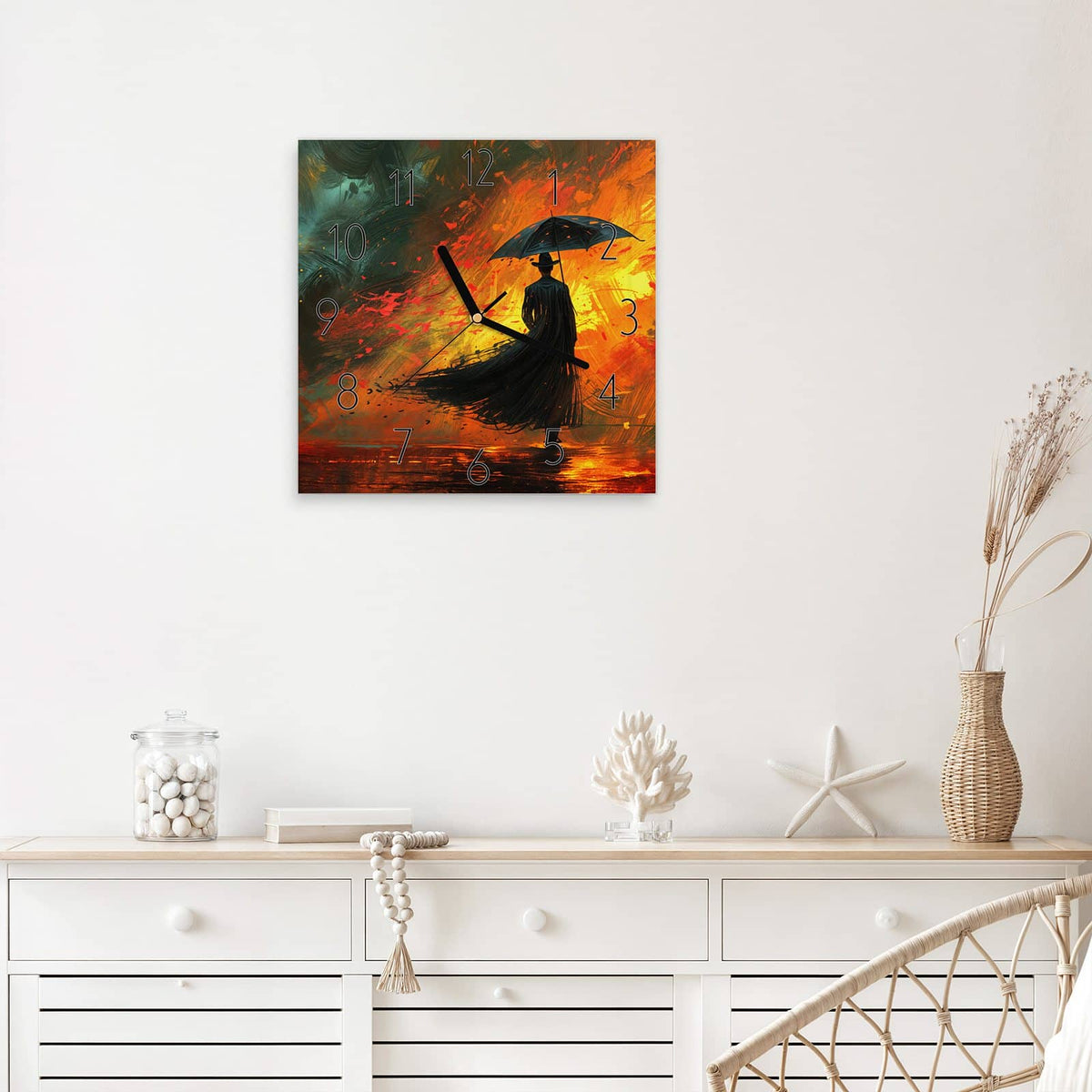 Wanduhr Silhouette mit Schirm aus Glas – Quadratisch 30 × 30 cm – Schwarze Silhouette mit Schirm in Farbe