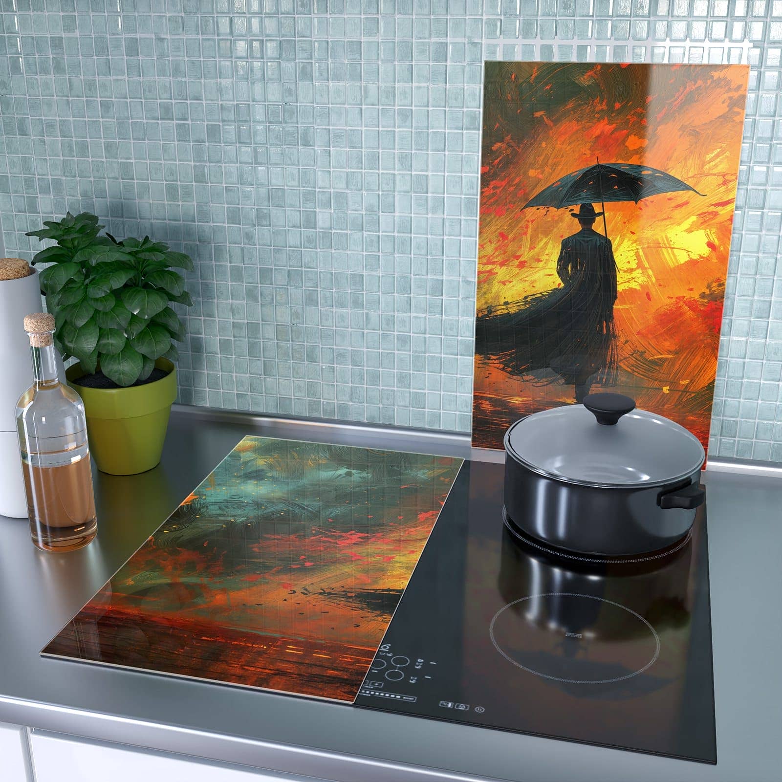 2-teilige Herdabdeckplatte für Ceranfeld mit Mann Mit Regenschirm-Motiv als Spritzschutz hinter dem Kochfeld