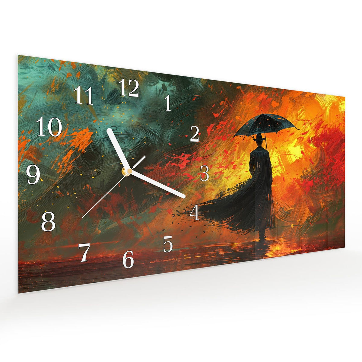 Vormontiert – mit Schwebeeffekt – Wanduhr Mann Mit Regenschirm aus Glas – Querformat 60 × 30 cm