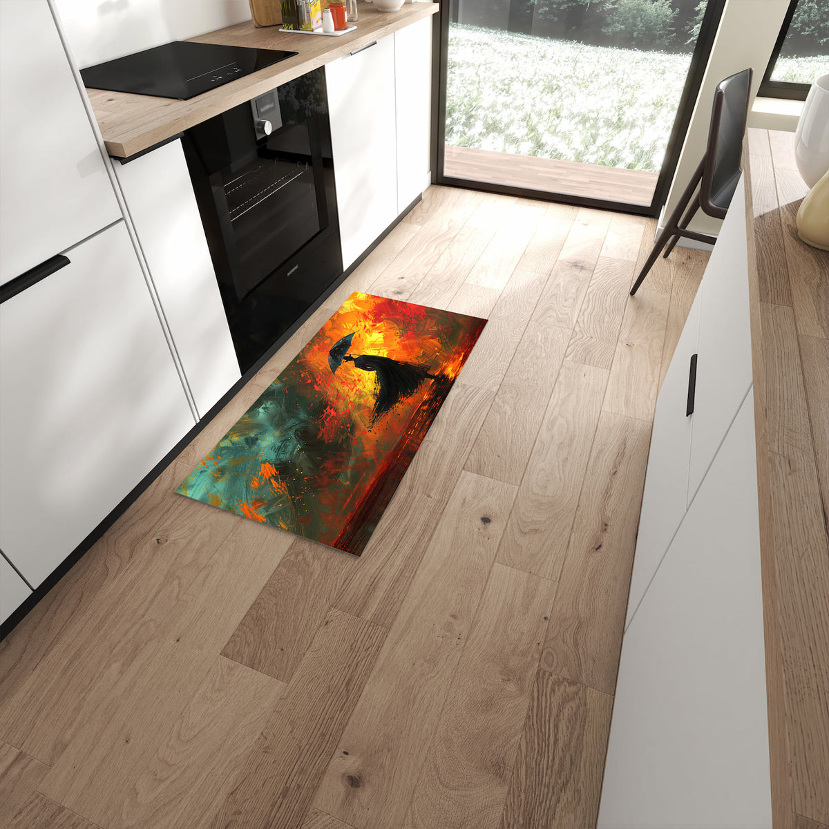 Formstabiler Küchenläufer mit Motiv Mann Mit Regenschirm in moderner Küche #grösse_60 x 120 cm