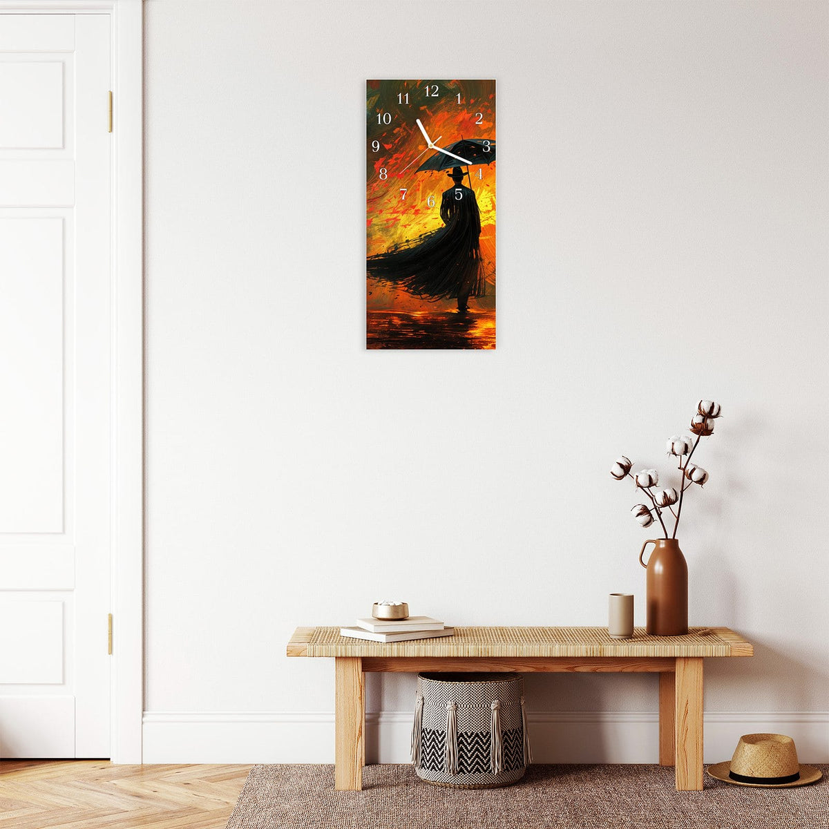 Moderne Wanduhr aus Glas mit Farbtiefe – Wanduhr Mann Mit Regenschirm aus Glas – Hochformat 30 × 60 cm