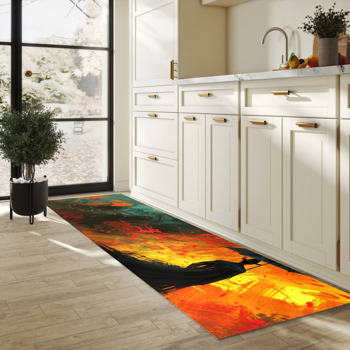 Farbbeständiger Läufer für die Küche mit Motiv Mann Mit Regenschirm in heller Küche