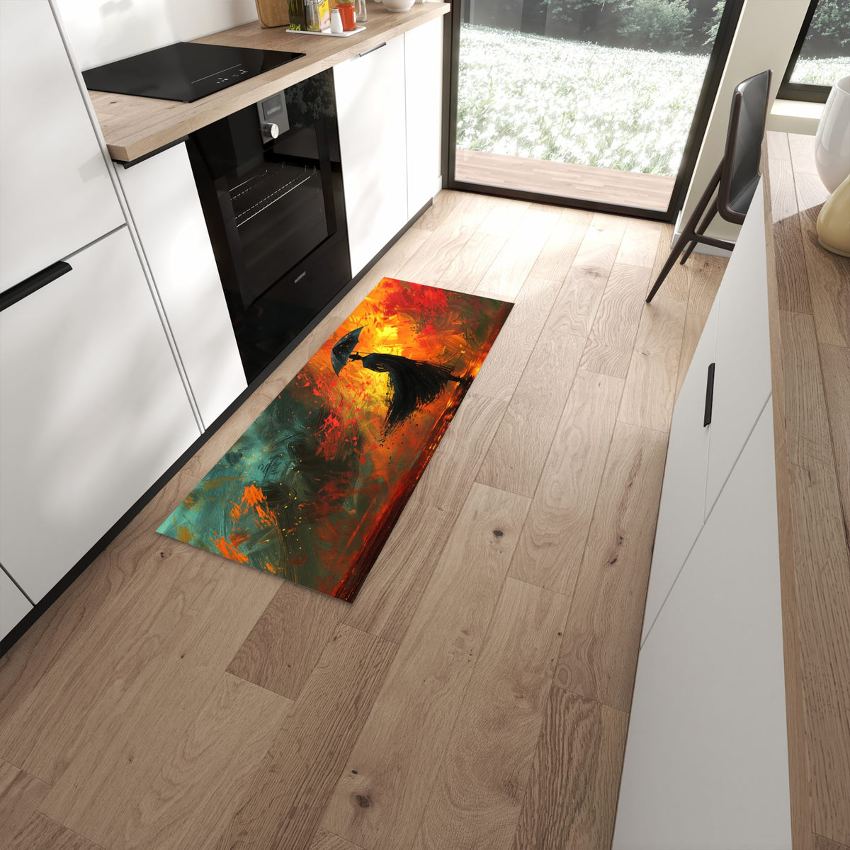 Abwaschbarer Küchenläufer mit Motiv Mann Mit Regenschirm in moderner Küche #grösse_60 x 150 cm