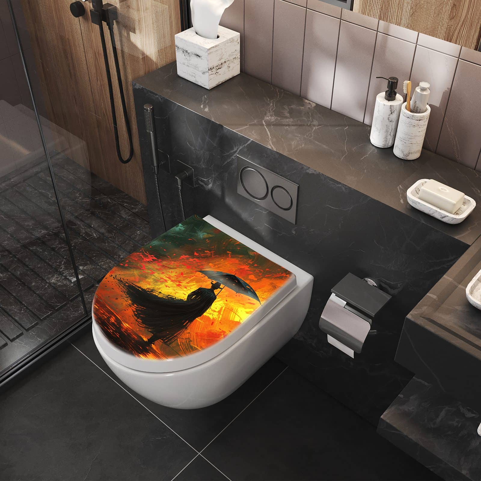 WC-Sitz mit Absenkautomatik Mann Mit Regenschirm