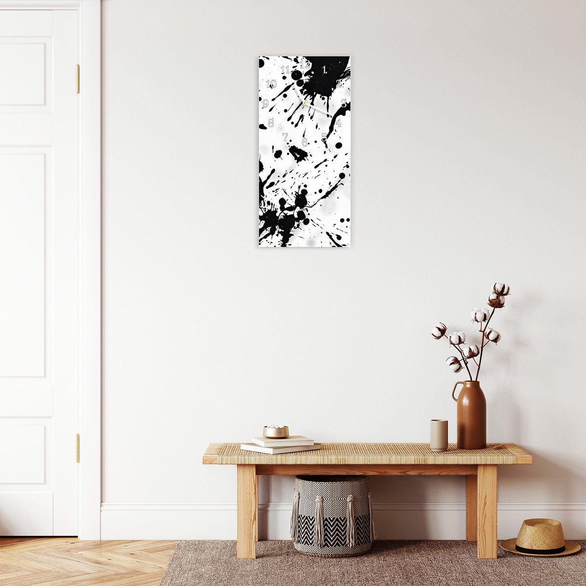 Moderne Wanduhr aus Glas mit Farbtiefe – Wanduhr Farbkleckse aus Glas – Hochformat 30 × 60 cm