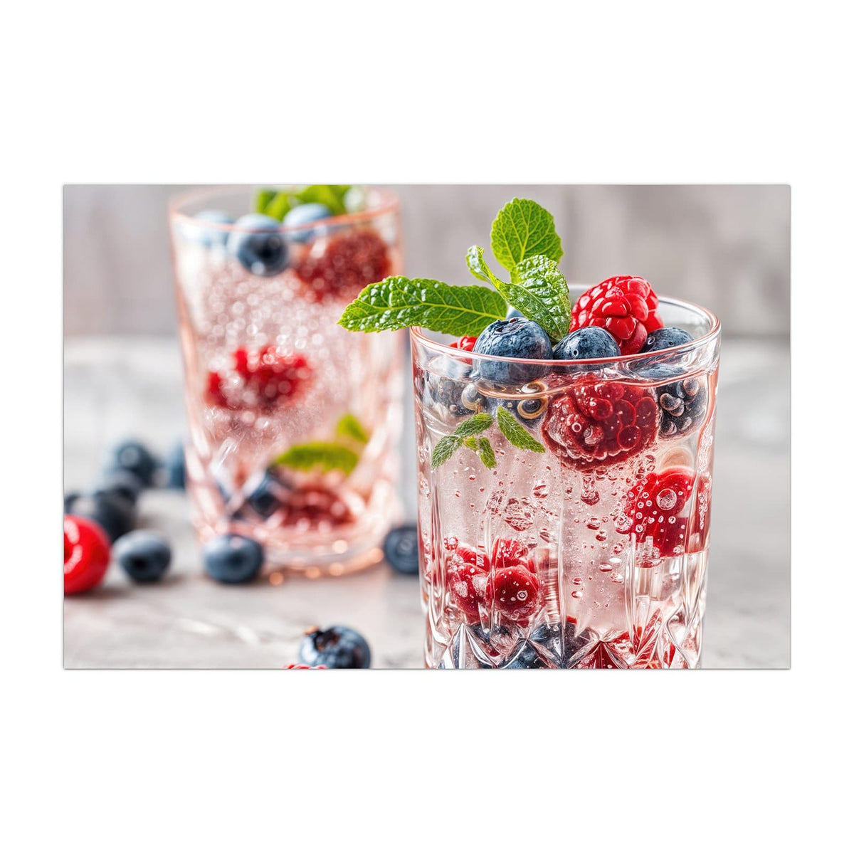 Küchenrückwand aus Glas Limonade mit Beeren im Hochformat, Motiv bildfüllend von vorn
