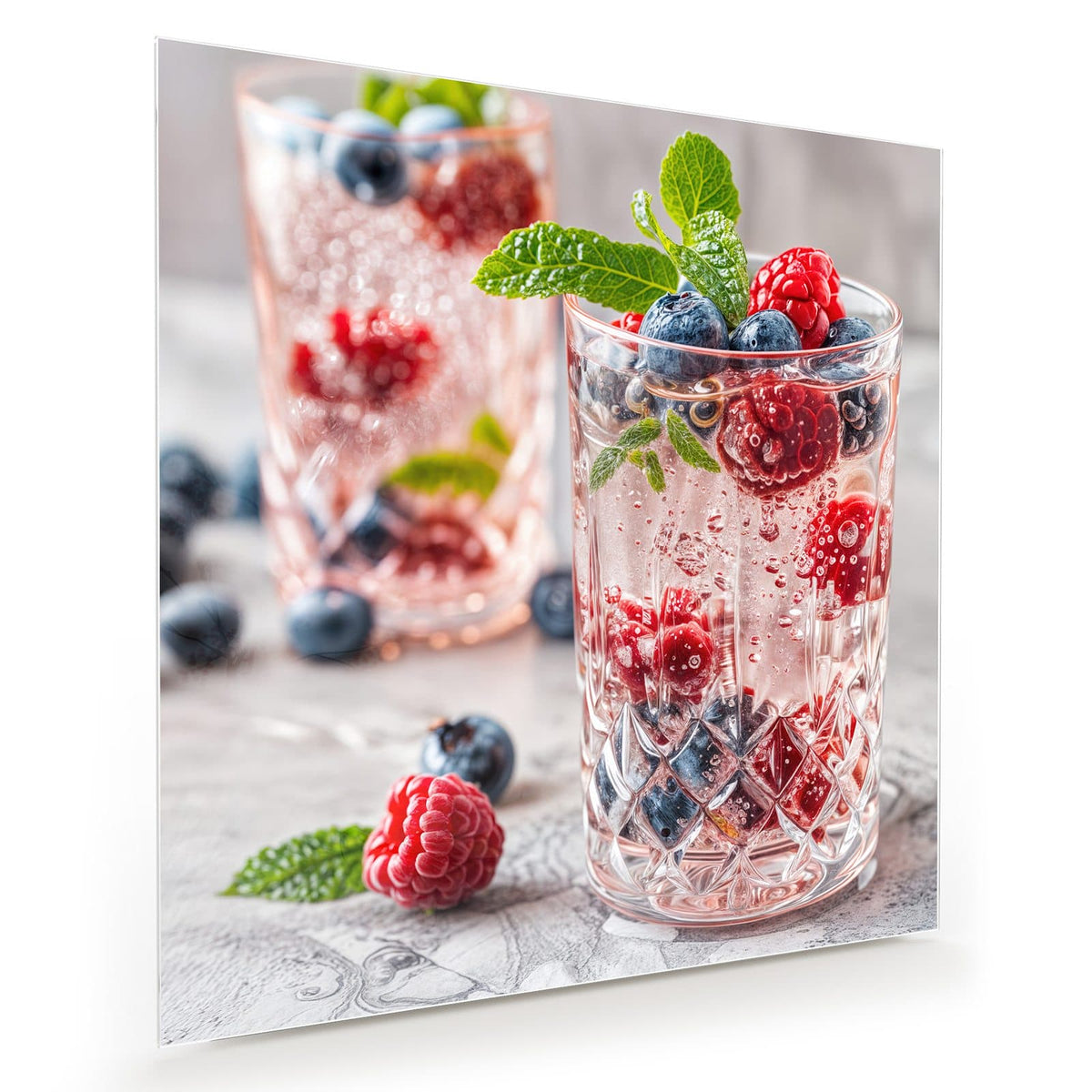Zwei geschliffene Gläser mit perlender rosa Limonade, Himbeeren, Blaubeeren und Minze obenauf.