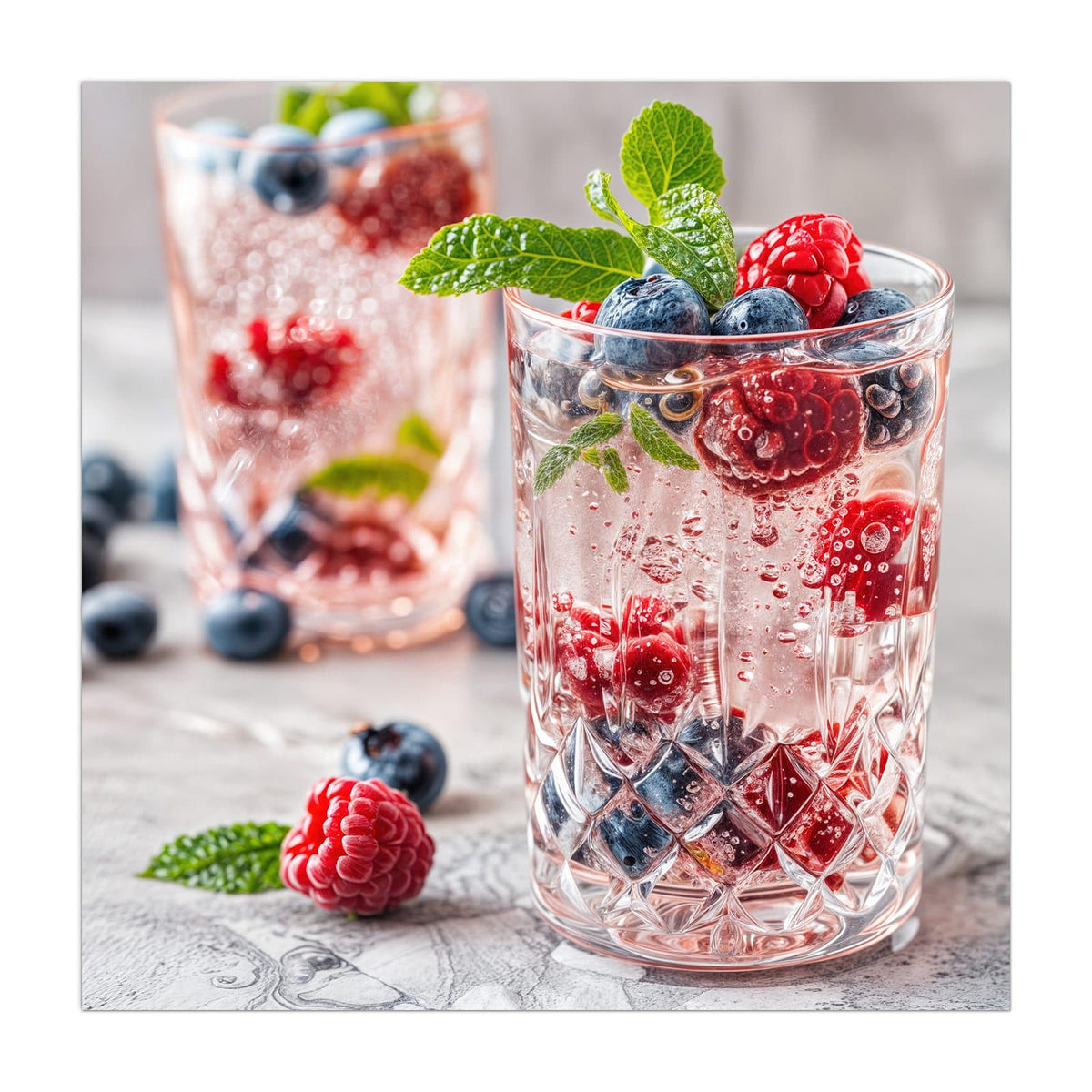 Zwei geschliffene Gläser mit perlender rosa Limonade, Himbeeren, Blaubeeren und Minze obenauf.